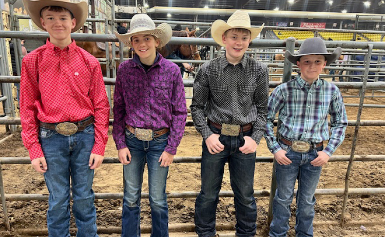 The Wessington Springs Junior High Rodeo Team competed in two regional rodeos over the weekend in Rapid City, SD. Shown left to right are: Hunter Heezen, Selah Havlik, Wyatt Fagerhaug, Hastin Heezen. PHOTO COURTESY REBECKA HAVLIK 