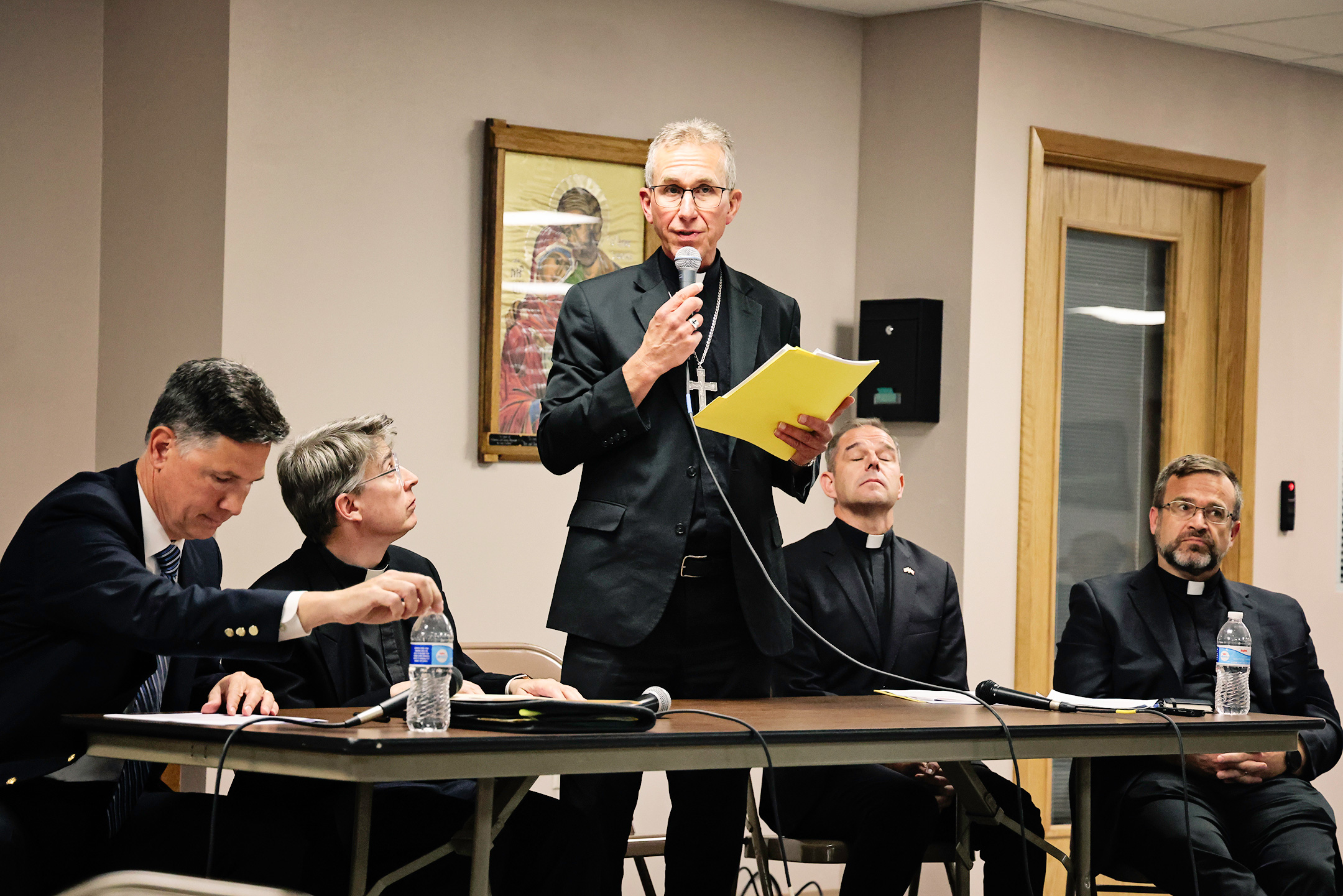 From left, Deacon Rob Rysavy, chief of operations for the Catholic Diocese of Sioux Falls; Father Larry Regynski; Bishop Donald DeGrood; Very Rev. Andrew Young, vicar general; and Very Rev. Andrew Dickinson, vicar general for Set Ablaze, address St. Joseph parishioners during a meeting Thursday, Aug. 20, at St. Wilfrid Catholic Church in Woonsocket. Church leaders announced during the meeting that St. Joseph Catholic Church in Wessington Springs, damaged by fire in December, will not be rebuilt. 