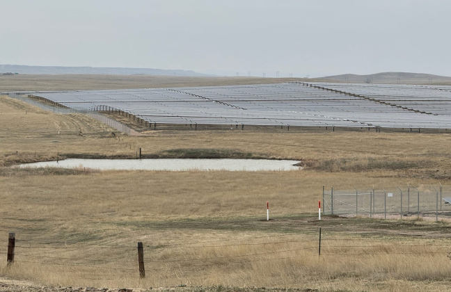 The solar power generated at the Wild Springs Solar facility south of New Underwood, S.D., uses an existing transmission station to get the energy onto the grid. (PHOTO: BART PFANKUCH / SOUTH DAKOTA NEWS WATCH)