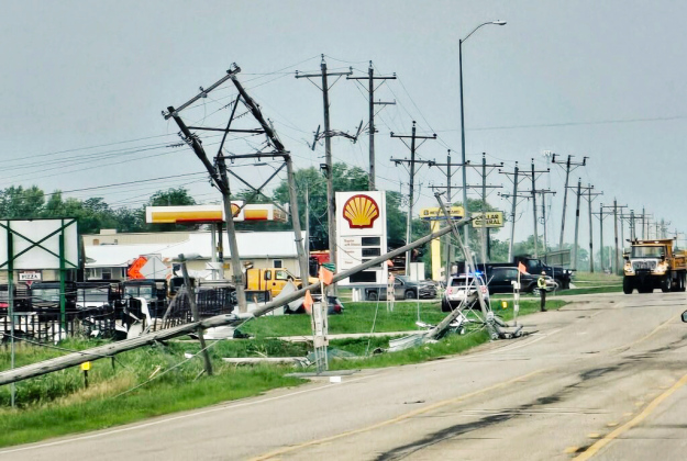 Gusts of 130 mph in the Highmore area knocked down power lines and caused significant damage on Monday, June 29. (Photo courtesy of Dave Swain via Aberdeen Insider)