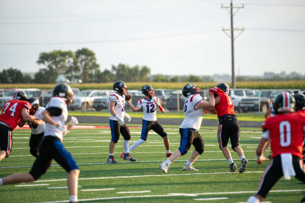 The WWSSC Bucks take the field during their 2026 season opener against Wagner. The Bucks fell 26-0, with Grason Finn completing eight passes for 61 yards. Carson Finn led the defense with nine solo and 10 assisted tackles, while Nathan Gaikowski added six solo and five assisted tackles. (PHOTO COURTESY J. VONEYE IMAGES)