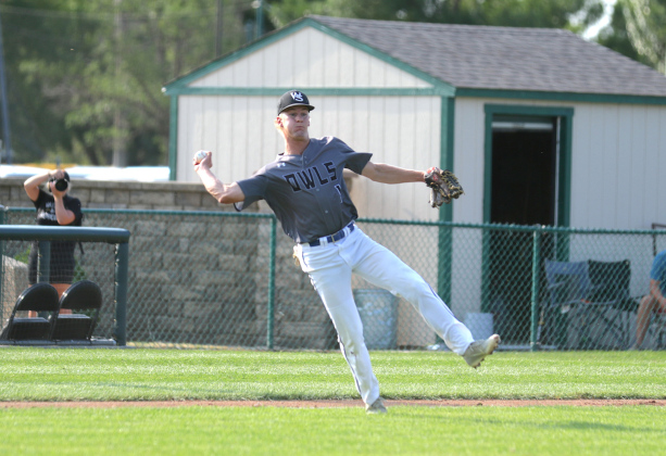 Wessington Springs’ Blake Larson (1) throws it to first base for the out during the first round of the Class B state amateur baseball tournament on Friday, Aug. 7, 2026 at Cadwell Park. (PHOTO BY TREY HOUCHIN / MITCHELL REPUBLIC)