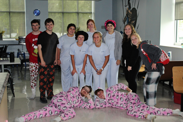 PAJAMA DAY FUN — Wessington Springs High School seniors ham it up for the camera Monday during Pajama Day, the first of a week’s worth of dress-up themes and activities celebrating Homecoming Week.  (PHOTOS BY TEAGAN SCHEEL WSHS JOURNALISM STUDENT)