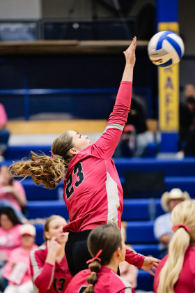 The Wessington Springs Lady Spartans’ Volley for a Cure night brought players, families and fans together to raise awareness and support those affected by cancer.  Kaitlyn Braun spikes the ball during volleyball action. 