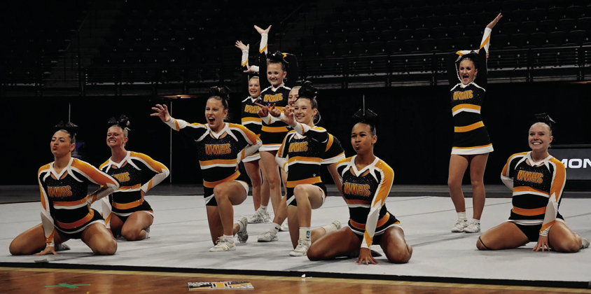 The Wolsey-Wessington competitive cheer team performs at the South Dakota Class A State Competitive Cheer Championships on Saturday, Oct. 24, at The Monument in Rapid City. The Warbirds earned 249 points to capture their third consecutive Class A small squad state championship, capping a season that included four first-place finishes. (PHOTO COURTESY SDPB)