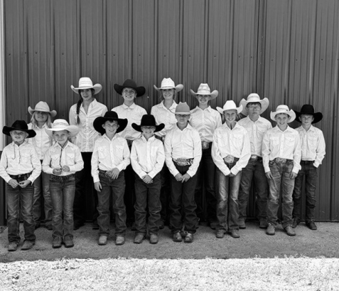 County Horse Show contestants are pictured above, front row, left to right: Ryklynn Reiner, Presley Wilde, Kix Coleman, Kactus Coleman, Koral Kroeplin, Crawleigh Reiner, Kershaw Reiner. Back row, left to right: Paisley Kapp, Riata Kobold, Ella Kolousek, Lily Roesler, Alexis Roesler, Kopper Kroeplin, and Kaddilac Coleman. (PHOTO COURTESY JERAULD-BUFFALO 4-H)