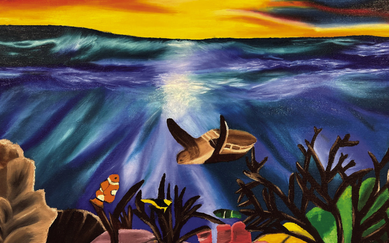 Ryder created this beautiful ocean scene with oil paint. He really focused on blending his colors for a very realistic appearance. He wanted his objects to have 3-dimensional form and an overall sense of depth in his painting.