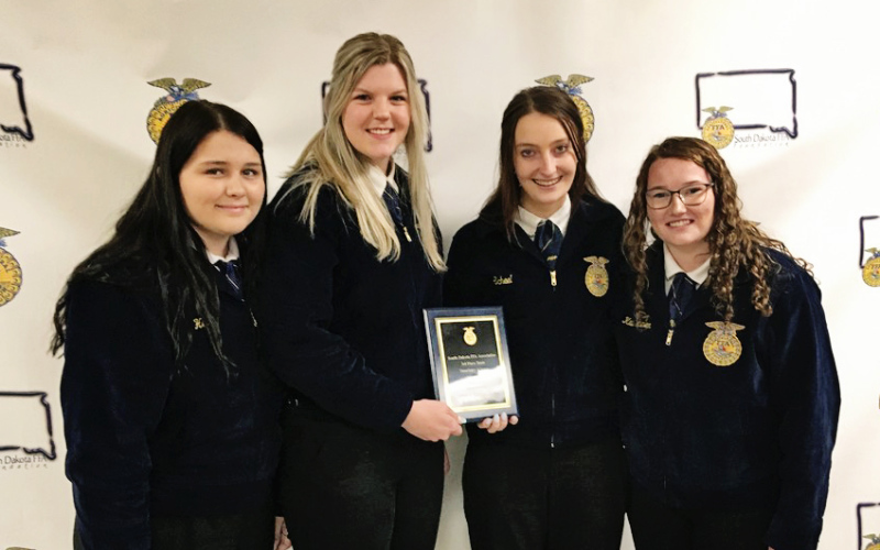 Shown left to right are State FFA Convention third place winning Veterinary Science team: Harlee Heim, Avery Orth, Carissa Scheel, Riley Roduner.