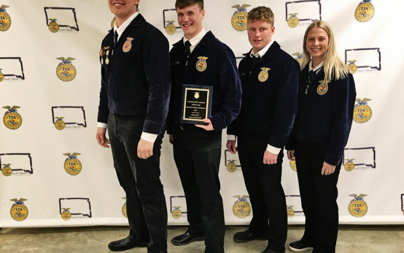 Shown left to right are State FFA Convention third place winning Agricultural Business Management team: Quinten Christensen, Kaden Wolter, Carter Grohs, Cheyenne Burg.