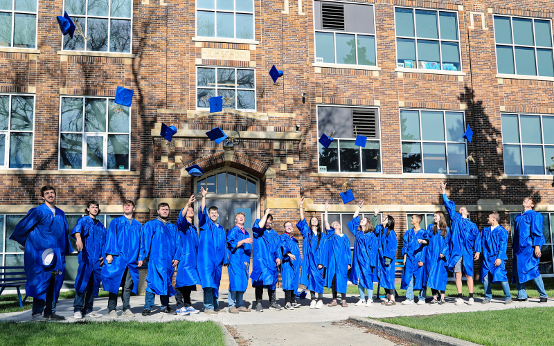 Wessington Springs High School graduates tossed their mortarboards high and far last week in celebration of the class of 2022’s commencement. Shown left to right are recent grads: Mason Schelske, Payton Tobin, Kaden Wolter, Draven Thompson, Porter Walz, Bryce Kopfmann, Carter Grohs, James Jungemann, Faith Easter, Kindra Wolter, Cheyenne Burg, Kali Roduner, Sarah Raterman, Cade Mohling, Eileen Kanthak, Anthony Neely, Cale Mohling and Quinten Christensen.