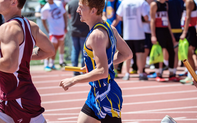 PHOTO BY J. VON EYE IMAGES FOR THE TRUE DAKOTAN The final action for the Spartans on the first day was back on the track for the boys medley prelims at 5:50pm. Mason Schelske, Brock Krueger, Carter Grohs, and AJ Neely combined a time of 3:55.35 for a new season PR.