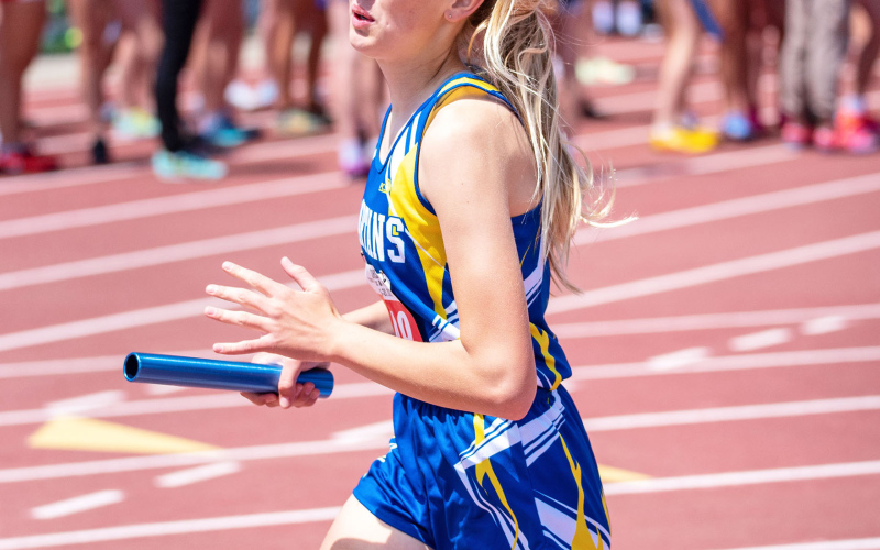 PHOTO BY J. VON EYE IMAGES FOR THE TRUE DAKOTAN The first to compete for the Spartans was the Class B girls 3200m relay at 12:30 p.m. Alyssa Grohs, Ashlyn Weber, Kerstynn Heim and Abby Kolousek. They ran 10:47.61 and finished 20th overall.