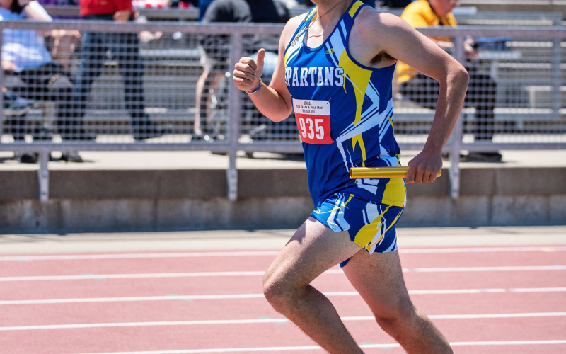 PHOTO BY J. VON EYE IMAGES FOR THE TRUE DAKOTAN The final action for the Spartans on the first day was back on the track for the boys medley prelims at 5:50pm. Mason Schelske, Brock Krueger, Carter Grohs, and AJ Neely combined a time of 3:55.35 for a new season PR.