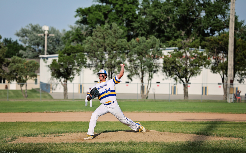 Mason Schelske is shown on the mound. During Friday’s game he allowed one hit and zero runs in seven innings, striking out 18 batters. KRISTI HINE / TRUE DAKOTAN