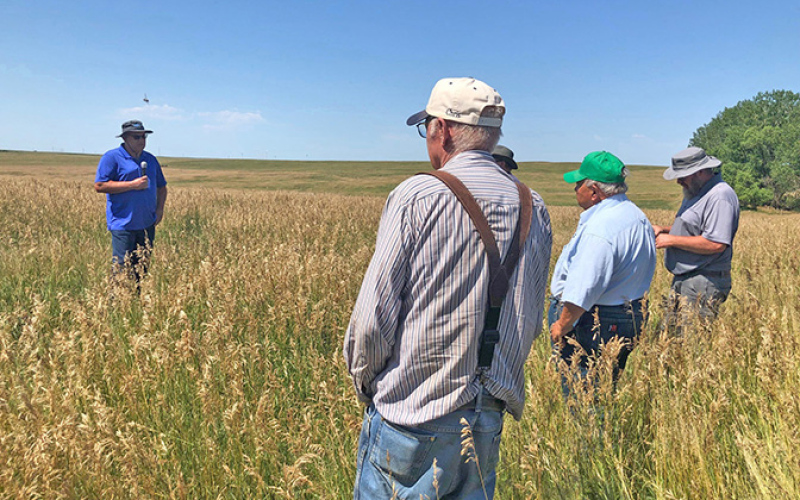 Three years after Rodney Huisman (far left) replaced continuous grazing with rotational grazing of his cattle, the NRCS conservationist for Jerauld County saw an increase of 1,000 pounds of grass per acre. During the soil health tour, attendees were bussed to fields to learn about the Kolousek family’s rotational grazing plan. PHOTO COURTESY SDFU