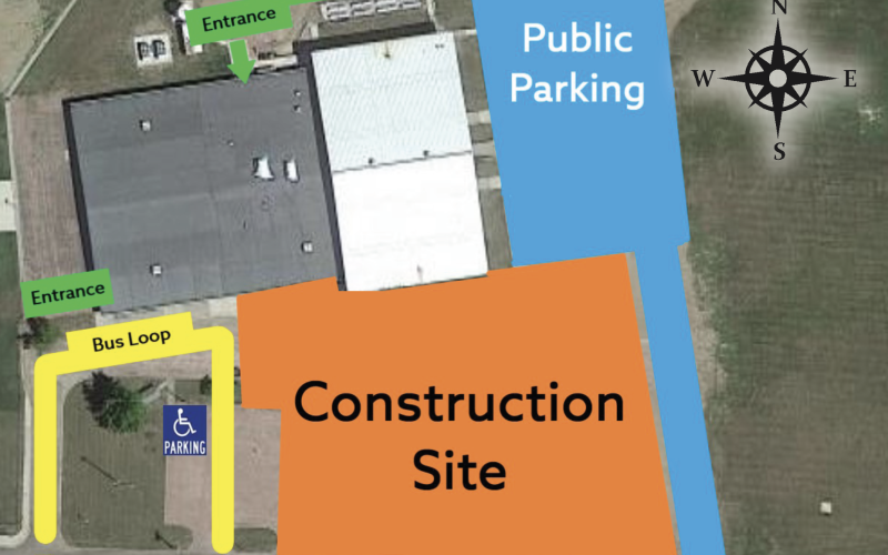 The graphic above highlights how to access the elementary school building during construction for activities and events open to the public.