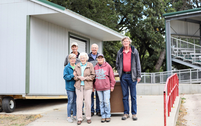 KRISTI HINE / TRUE DAKOTAN  Shown left to right in front of the new concession stand the Jerry Higgins family purchased for the ball field in Wessington Springs are, back row: Randy Shultz, Mike Mebius, Jerry Higgins Jr.. Front row: Terri Mebius, Betty Higgins and Jean Shultz.