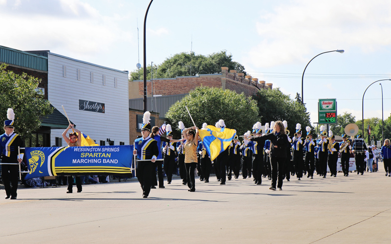 The Wessington Springs Marching Band is show during the Platte Marching Band competition, where they secured first place in their division. Just days later, the Spartans won first place at the Arlington contest. PHOTO COURTESY CARMEN WEBER