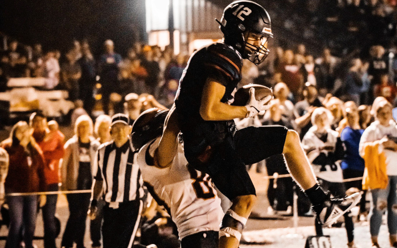 Blake Larson is shown mid catch in the end zone during the Blackhawks victory over Mobridge-Pollock Friday night. PHOTO COURTESY JORDAN VON EYE.