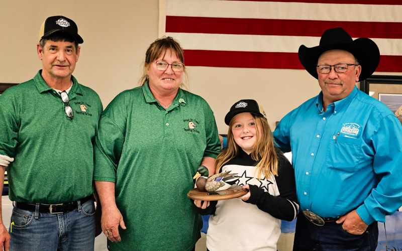 Longtime Ducks Unlimited members Dawn and Val Luckett were honored for their years of service to the chapter. Tom Mebius, and Quinn Everson are pictured with the Lucketts. Dawn and son Josh Luckett will serve as joint chairpersons next year when Mebius steps down from the role of chairman after more than two decades of service.