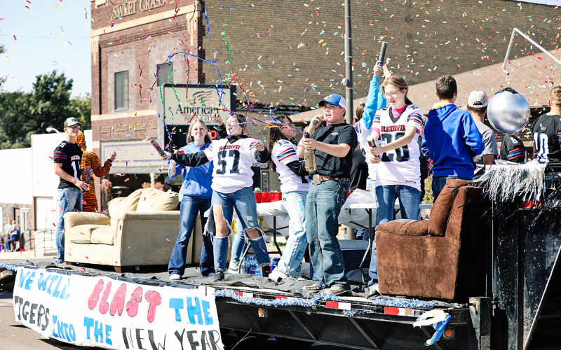 The New Year’s Eve-themed float put the crowd in a festive mood as they rock and rolled down Main Street. 