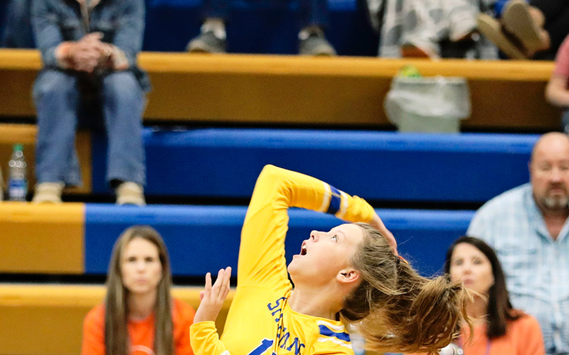 Lady Spartan Hannah Heezen is pictured during Homecoming volleyball action Tuesday. The girls won against Corsica-Stickney in four sets: 25-22, 25-21, 23-25 and 25-17. Later in the week on Saturday the Lady Spartans played in the 281 Tournament, winning the opening match against Highmore-Harrold in two sets (29-27, 25-11). They continued to win their semi final match against Hitchcock-Tulare in two sets (25-12, 25-13) but unfortunately lost against Wolsey-Wessington in the championship match in two sets.