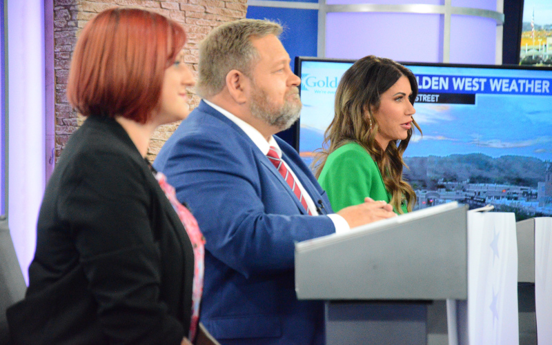 Republican Gov. Kristi Noem, at right, appears with Democrat Jamie Smith and Libertarian Tracy Quint at a Sept. 30 gubernatorial debate in Rapid City. PHOTO: COURTESY OF KOTA