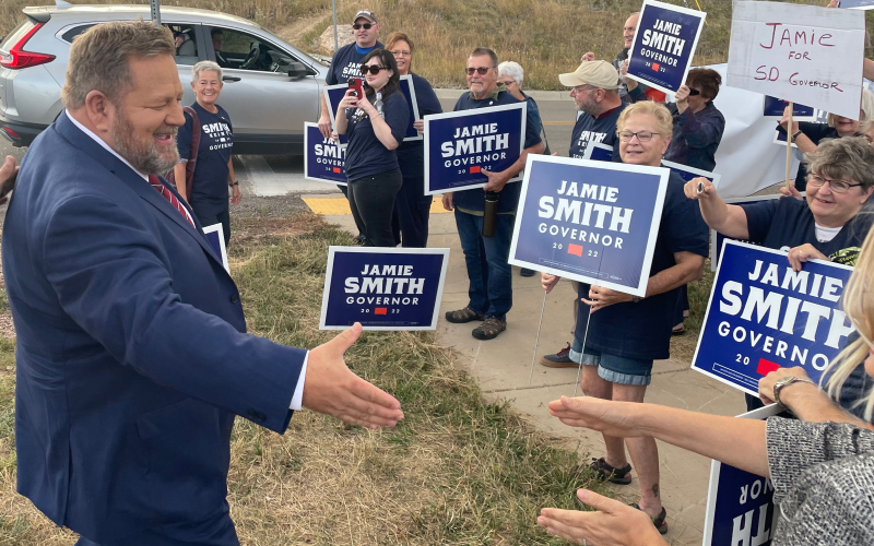 Jamie Smith, the Democratic nominee for governor, shakes hands with supporters during a rally for Smith prior to the Sept. 30, 2022 gubernatorial debate in Rapid City. PHOTO: BART PFANKUCH, SOUTH DAKOTA NEWS WATCH