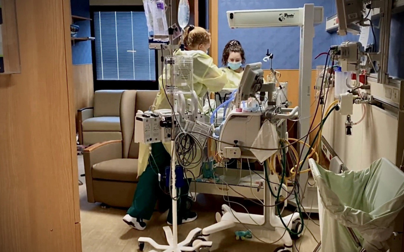 Nurses care for a patient in the Avera McKennan Pediatric Intensive Care Unit, where children with severe RSV infections are treated. Photo: Courtesy of Avera Health