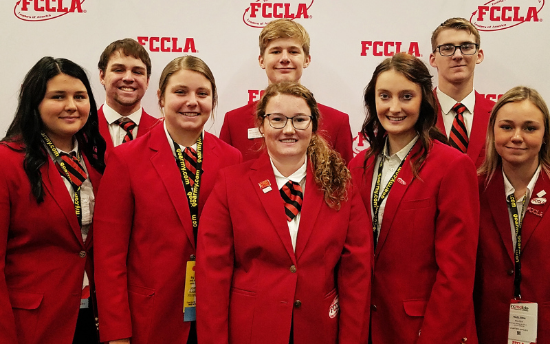 Eight members of the Wessington Springs Senior FCCLA Chapter left for Columbus, Ohio on November 9 to compete at the National Fall Leadership contest with their advisor, Charlotte Mohling. The participants were (shown left to right) Harlee Heim, Carson Hainy, Kirstie Munsen, Branden Flowers, Riley Roduner, Carissa Scheel, Jack Neely and Haeleigh Mulder.