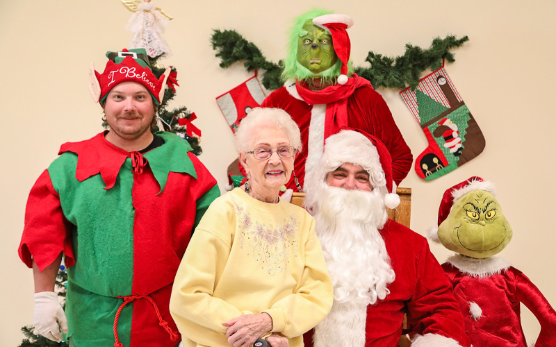 A visit from Santa and friends is a delight for kids of all ages. Shortly after Santa and crew arrived via fire truck, Darlene Higgins went over her Christmas wish list with Santa and his Jolly Elf while The Grinch played pranks.