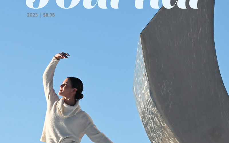 A mockup of the new South Dakota Arts Journal features Madeleine Scott, founder of the South Dakota Ballet. She was photographed by a Dale Lamphere sculpture that rests along the shore of the Missouri River in Yankton.