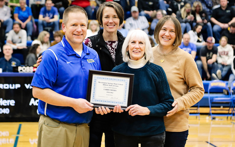 Representing WSHS Athletic Hall of Fame inductee Larry Myers, WSHS Class of 1962, are wife Margie and daughters Debbie and Jodi. They are pictured with WSHS Athletic Director Jason Kolousek.