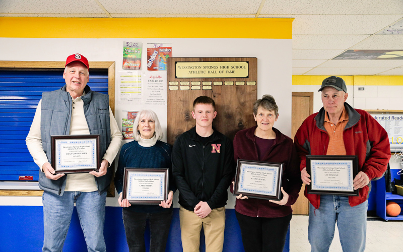 WSHS Athletic Hall of Fame Inductees for 2023 are shown with WSHS Class of 2021 alumni Dylan Schimke (center), who established the Hall of Fame program as part of his senior project. Left to right are: Dean Christensen, Margie Myers representing Larry Myers, Dylan Schimke, Gloria Vavra and Lee Dougan.