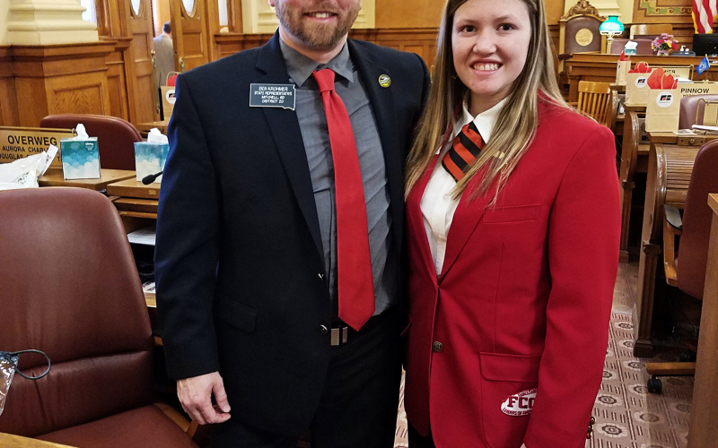 Wessington Springs High School student and FCCLA member Mercedes Jones took part in the South Dakota Career and Technical Student Organization’s (CTSO) Capital City Experience earlier this month. She is pictured with District 20 Representative Ben Krohmer.
