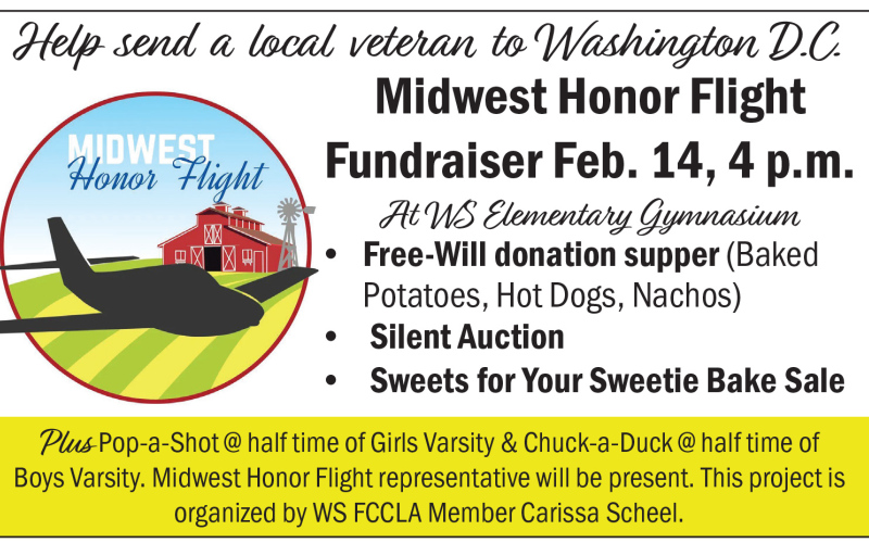 Building on her FCCLA Veterans Day project from last year, WSHS junior, Carissa Scheel, is continuing her mission of honoring local veterans. During the home double-header basketball game versus Kimball-White Lake, on February 14, starting at 4 p.m., Scheel, with help from fellow FCCLA members, is hosting a Midwest Honor Flight Fundraiser.