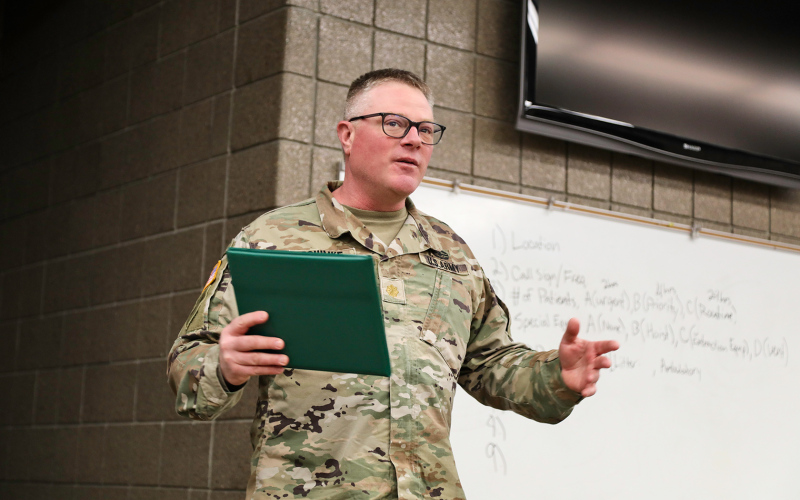Major Chris Schimke, shown above during his retirement speech, was recognized for 28 years of service in the South Dakota National Guard during his final drill formation and retirement ceremony held at the National Guard Armory in Sioux Falls on February 5, 2023.