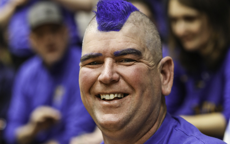 Gerry Orth went all out to support the lady Spartans at last week’s SoDak16 game at the Huron Arena with not only a dyed mohawk but also Spartan-blue eyebrows.