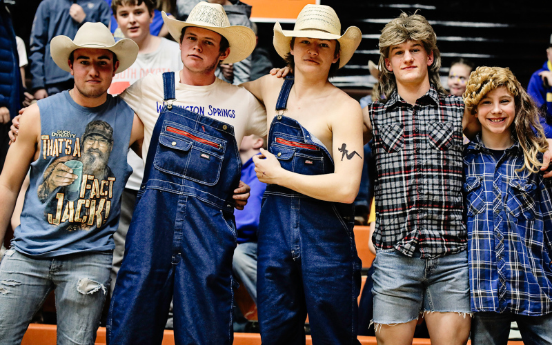 Themed nights were celebrated in large numbers by Wessington Springs School District students throughout the season. From left to right, Ridge Roduner, Garrett Anson, Maverick Jones, Blake Larson and Keaton Hasty went all out for “hick night.”