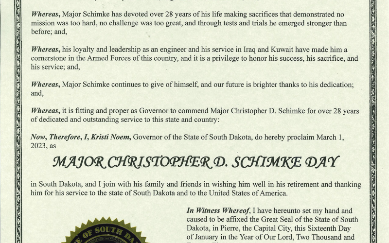 Governor Noem issued an Executive Proclamation declaring March 1, 2023 ”Major Christopher D. Schimke Day.”