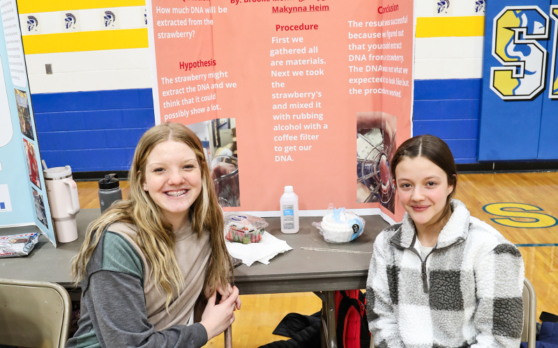First place in Biology and Behavioral Sciences, Raygen Teveldal, Brooke Mohling and Makynna Heim (not pictured) - “Extracting DNA from a strawberry.”