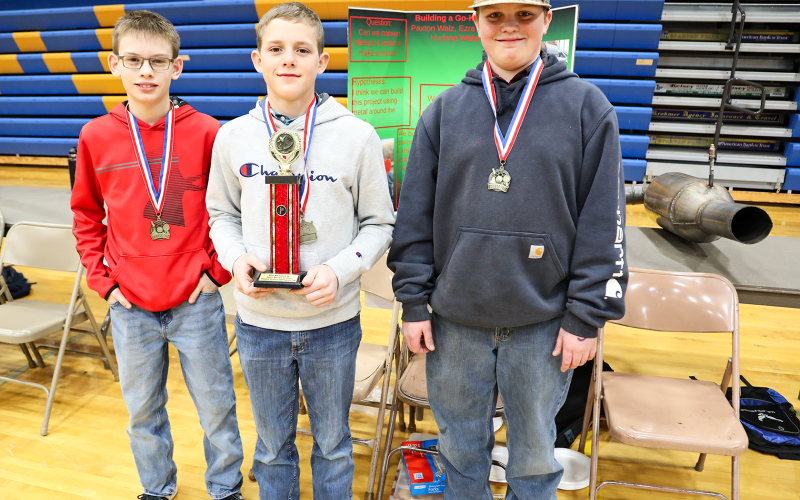 First place Physical Science and Engineering,  Ezra Anson, Paxton Walz and Hudson Weber - “Building a go-kart.”