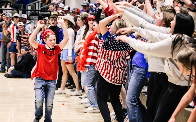 During regular and post season, Wessington Springs Elementary School sixth grader Sutten Jensen helps stoke school spirit with “the wave,” as seen above during boys basketball 5B Regions at the Corn Palace Friday.