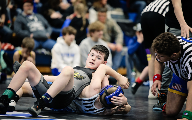 Chase Dunsmore during district tourney wrestling action Saturday.