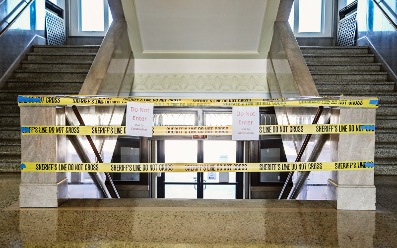 The basement, which includes the west entrance will remain closed until this phase of demolition and remediation is complete. Although the west parking lot is currently closed, the courthouse is open and customers are asked to park on the street east of the courthouse.