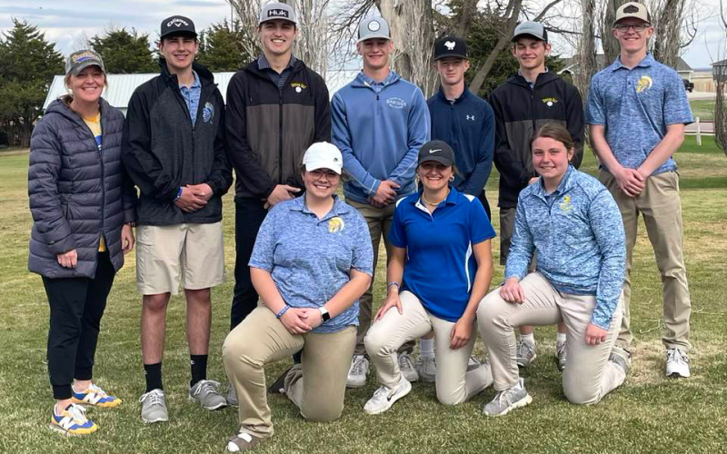 COURTESY PHOTO Spartan golfers shown on the home course in Springs, left to right, are, front row: Taylor Braun, Mariah Messmer, Kirstie Munsen. Back row: Coach Regina Teveldal, Blake MIller, Brock Krueger, Blake Larson, JD Thompson, Heyns Bothma, Luke Larson.
