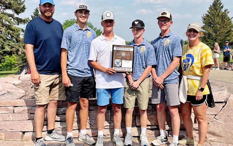 COURTESY PHOTO Shown left to right at the regional meet held May 23 in Dell Rapids are: Assistant Golf Coach Brian Amick, Brock Krueger, Blake Larson, JD Thompson, Luke Larson and Head Golf Coach for the Spartans Regina Teveldal. The team above qualified for competition at the state tournament scheduled for June 5-6 in Watertown.