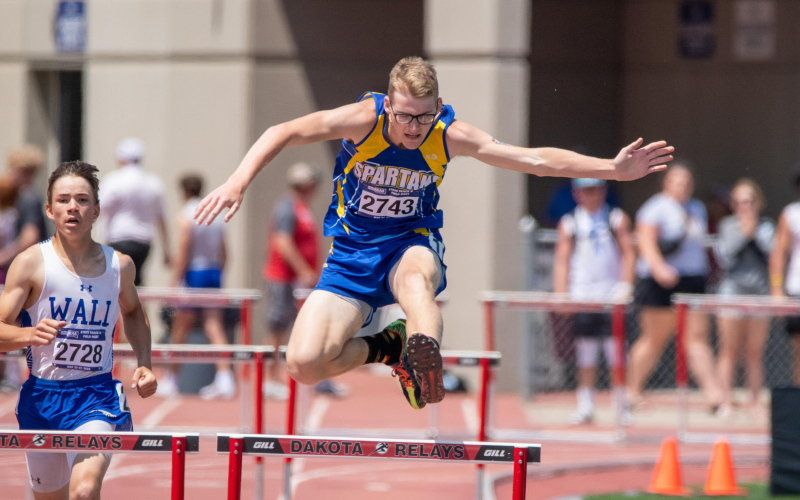 PHOTO COURTESY JORDAN VON EYE. Jack Neely is shown in the 300m hurdles. Jack had a great race going and then his trail leg came down and caught the last hurdle. Jack was able to get up and hobble to cross the finish line. His time was 46.84.