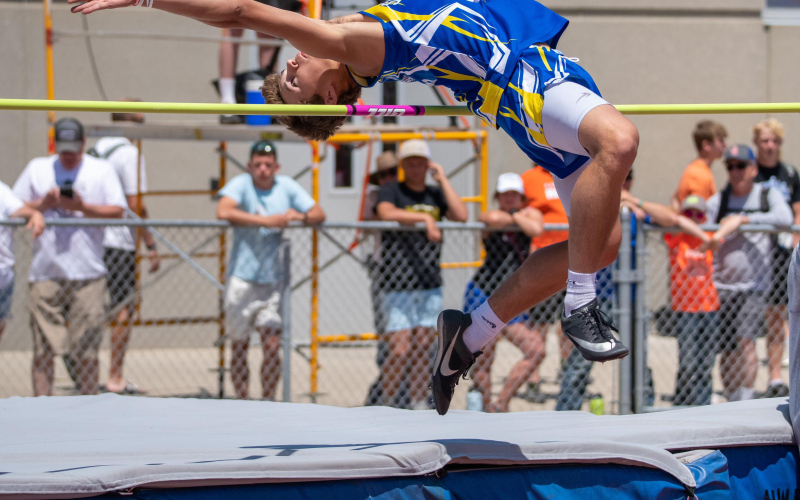 PHOTO COURTESY JORDAN VON EYE. On Saturday, Ryder Michalek and Brock Krueger competed in the high jump. Ryder had three attempts at 6’0” and didn’t make the height. Ryder had cleared all the heights up to that point on the first attempt, which secured him 6th place on the awards stand.