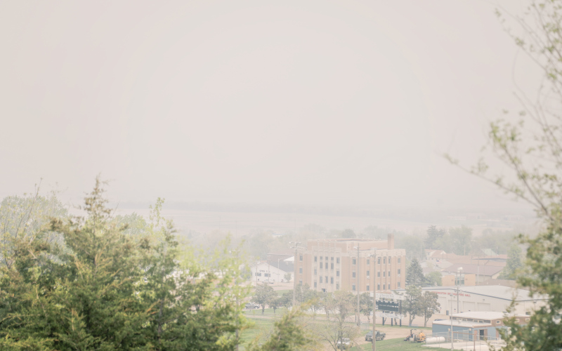 KRISTI HINE / TRUE DAKOTAN Smoke hung over the prairie with Jerauld County Courthouse and Wessington Springs Fire Hall pictured in the foreground. DANR issued an air quality alert last week where smoke from wildfires in Canada had settled.